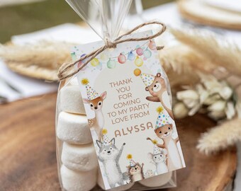 Woodland Animals Birthday Favor Tags, Printable Thank You Labels (Editable Template)
