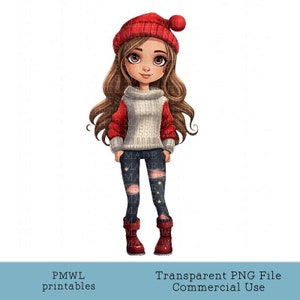 Ragazza invernale Clipart Casual Maglione Jeans Stivali Teen Sublimazione Immagine Bambola Creazione di cartoline Creazione di badge Scrapbooking Bruna di Natale alta