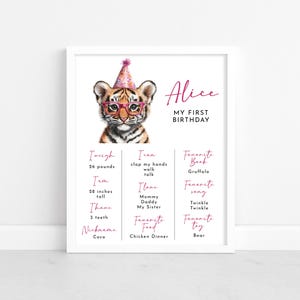 Carte d'étape anniversaire Tiger, souvenir modifiable, ma première, deuxième troisième année, invitation numérique E numérique modifiable, mobile électronique Safari rose