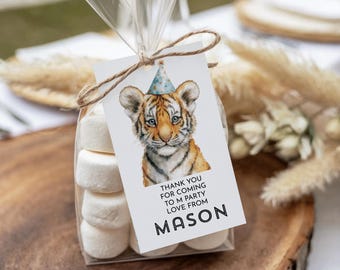 May include: A clear cellophane bag filled with marshmallows, tied with twine, and a tag. The tag features a watercolor illustration of a tiger cub wearing a party hat. Text on the tag reads "THANK YOU FOR COMING TO M PARTY LOVE FROM MASON."