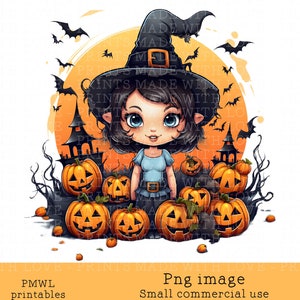 Little Witch with Jack-o&#39;-lanterns Halloween Sublimation Image Halloween Crafting Card making  Pumpkins Witches House Small Commercial Use