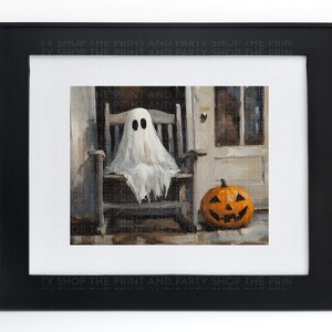 Pintura digital de abóbora fantasma na varanda, decoração de Halloween para casa, download instantâneo, impressão abstrata a óleo, impressão vintage, arte de parede para casa