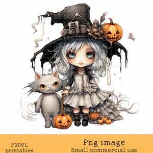 Little Grey Haired Witch with cat Halloween Sublimation Image Halloween Crafting Card making  Pumpkins Witches House Small Commercial Use