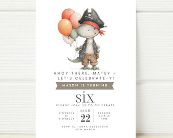 Pirate Dinosaur Birthday Invitation, Editable Canva Template (Digital Download)
