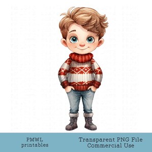 Winter Boy Clipart Casual Jumper Jeans Botas Adolescente Sublimação Imagem Boneca Cartão Fazendo Crachá Fazendo Scrapbooking Bonito Natal cabelo loiro