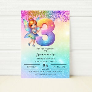 Fee Regenbogen 3.Geburtstags-Einladung Regenbogen Invite Glitzer Party Mädchen Einladung Digital E Invite Einladung 3