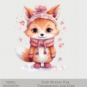 Clipart renard d'hiver rose bonnet écharpe manteau Clipart renard mignon petit fichier PNG à usage commercial Artisanat de glace et de neige Artisanat d'hiver fabrication de cartes Sublimation