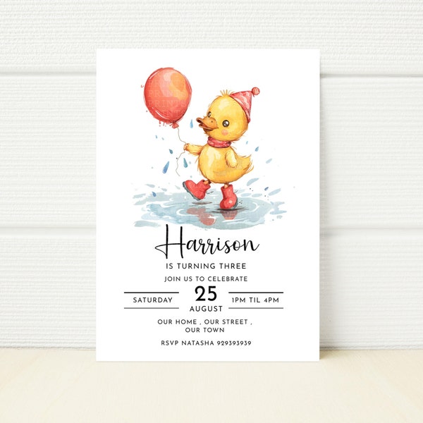 Duck Birthday Invitation Editable Printable Invite Cute Baby Duck With Balloon 1st 2nd 3rd 4th 5th 6th 7th Birthday Boy Girl Digital Files