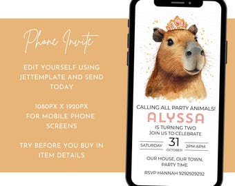Capybara Birthday Mobile Invitation, Editable Zoo Animal Party (Digital)