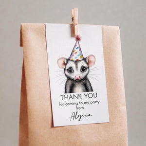 Opossum Party Hut Geburtstagsfeier bearbeitbar Dankeschön Favor Tag Label Favor Digital druckbare Vorlage bearbeitbar personalisiertes Waldland