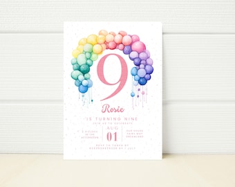 9th Birthday Invitation Canva Template , Pastel Rainbow Invite, ninth Birthday Invitation,  ninth Birthday Girl, Pastel Balloons Editable