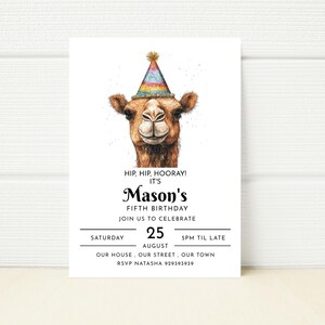 Invito alla festa di compleanno del cammello Invito alla festa dello zoo del deserto Modello modificabile Telefono Digitale E Mobile Invito Messaggio di testo Scaricabile stampabile