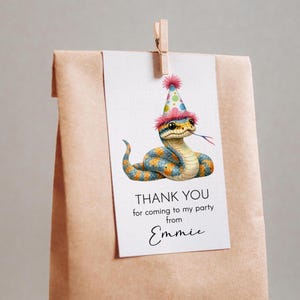 May include: A brown paper bag with a white tag featuring a watercolor illustration of a snake wearing a party hat. The tag reads "THANK YOU for coming to my party from Emmie."