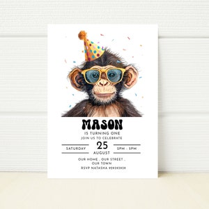 Convite para festa de aniversário de macaco Convite para zoológico selvagem Safari na selva Editável para impressão Digital E-mail Mensagem de texto Aniversário Menina Menino