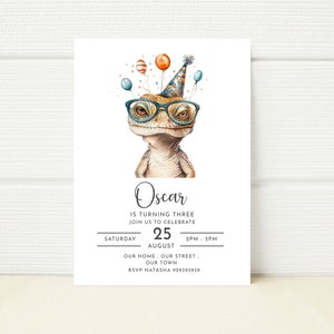 May include: A birthday invitation featuring a lizard wearing glasses and a party hat, with balloons. The text reads "Oscar is turning three" and includes date, time, and RSVP information. The invitation is on a white background.