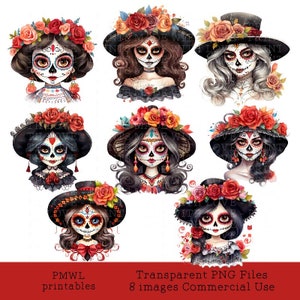 Dia de los Muertos schöne Mädchen Schädel Clipart Aquarell Bundle 8 Bild png Instant Download Tag der Toten Karte machen Sublimation