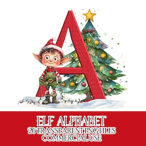 Kerstalfabet Elf Boy Feestelijk Clipart Kaarten maken Ontwerpen Badge maken Haarstrik Klein Commercieel gebruik toegestaan PNG-bestand Mokken