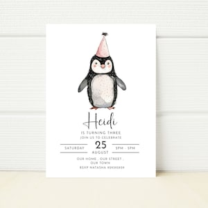 Bearbeitbarer Pinguin-Geburtstags-Mädchen-Party Einladung Laden druckbares digitales personalisiertes Bild Handy-Download-Textnachricht-Minimalist ein