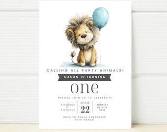 May include: A white invitation card featuring a watercolor illustration of a lion cub holding a blue balloon. The text reads "Calling All Party Animals!" and "Mason is Turning One." Additional details include the date, time, and RSVP information.