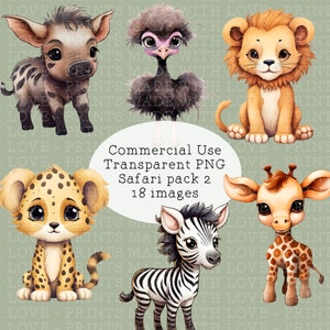 Ensemble de 18 cliparts bébé animaux de safari Images png Animaux de la jungle Petit usage commercial Girafe Éléphant Singe Lion Tigre Phacochère Autruche