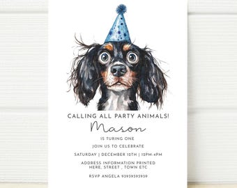 May include: A white invitation card featuring a watercolor illustration of a dog wearing a blue party hat. The text reads "CALLING ALL PARTY ANIMALS!" and includes details for a birthday celebration, including the name "Mason", date, time, and RSVP information.