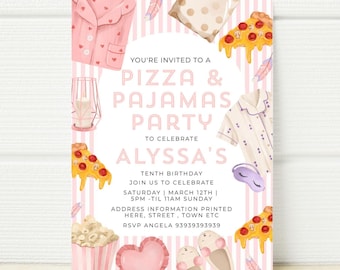 May include: A pink and white invitation for a pizza and pyjamas party. The invitation features illustrations of pizza slices, pyjamas, and a sleep mask. The text reads "Pizza & Pyjamas Party" and "Alyssa's Tenth Birthday".