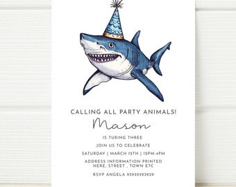 May include: A blue and white shark wearing a blue and white party hat. The text "Calling all party animals! Mason is turning three. Join us to celebrate Saturday March 12th | 12PM-4PM Address information printed here, street, town etc RSVP Angela 93939393939" is printed below the shark.