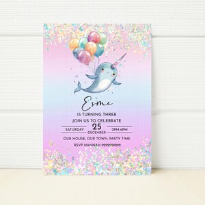 Editable Narwhal Birthday Invitation Rainbow Invitation Glitter Party Girls Invitation Digital  E Invite Printable Digital Template