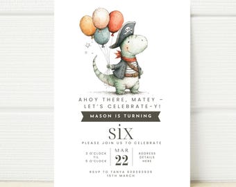 Pirate Dinosaur Birthday Invitation, Editable Canva Template (Digital Download)