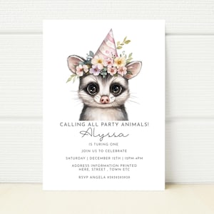 Baby Opossum Invitation Invite Printable Digital Editable Electronic Mobile Phone Download Text Message Birthday Party Girl Boy boy girl