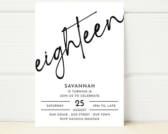 Minimalist 18th Birthday Party Invitation Editable Monochrome Black and White eighteen Eighteenth Officially and Adult Birthday Party