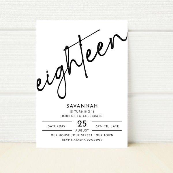 Minimalist 18th Birthday Party Invitation Editable Monochrome Black and White eighteen Eighteenth Officially and Adult Birthday Party