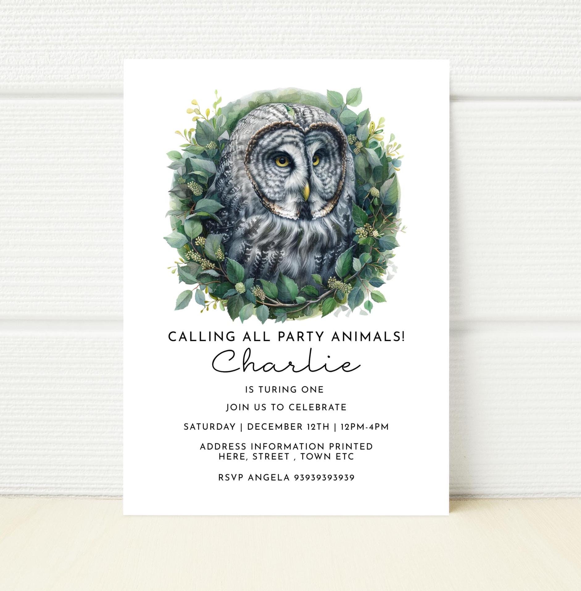 Owl Birthday Party Invitation, Editable Digital Template