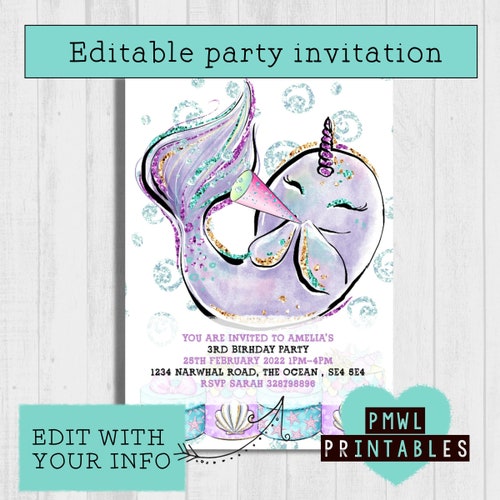 Printable Narwhal Invitation Template Girls Birthday Party - Etsy