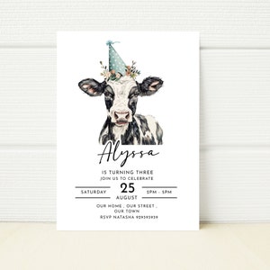 Cow Birthday Party Blue and Pink Invitation Farm Party Calf Editable Invitation Digital  E invitation Mobile Birthday Floral Minimalist