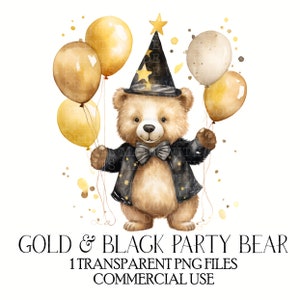Party Bear Gold and Black New Years Eve Bear Sublimation Design Instant Download PNG T-shirt Design Card Balloons Party Clipart Watercolour