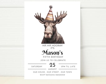 Moose Birthday Party Invite, Editable Digital Template (Printable Download)