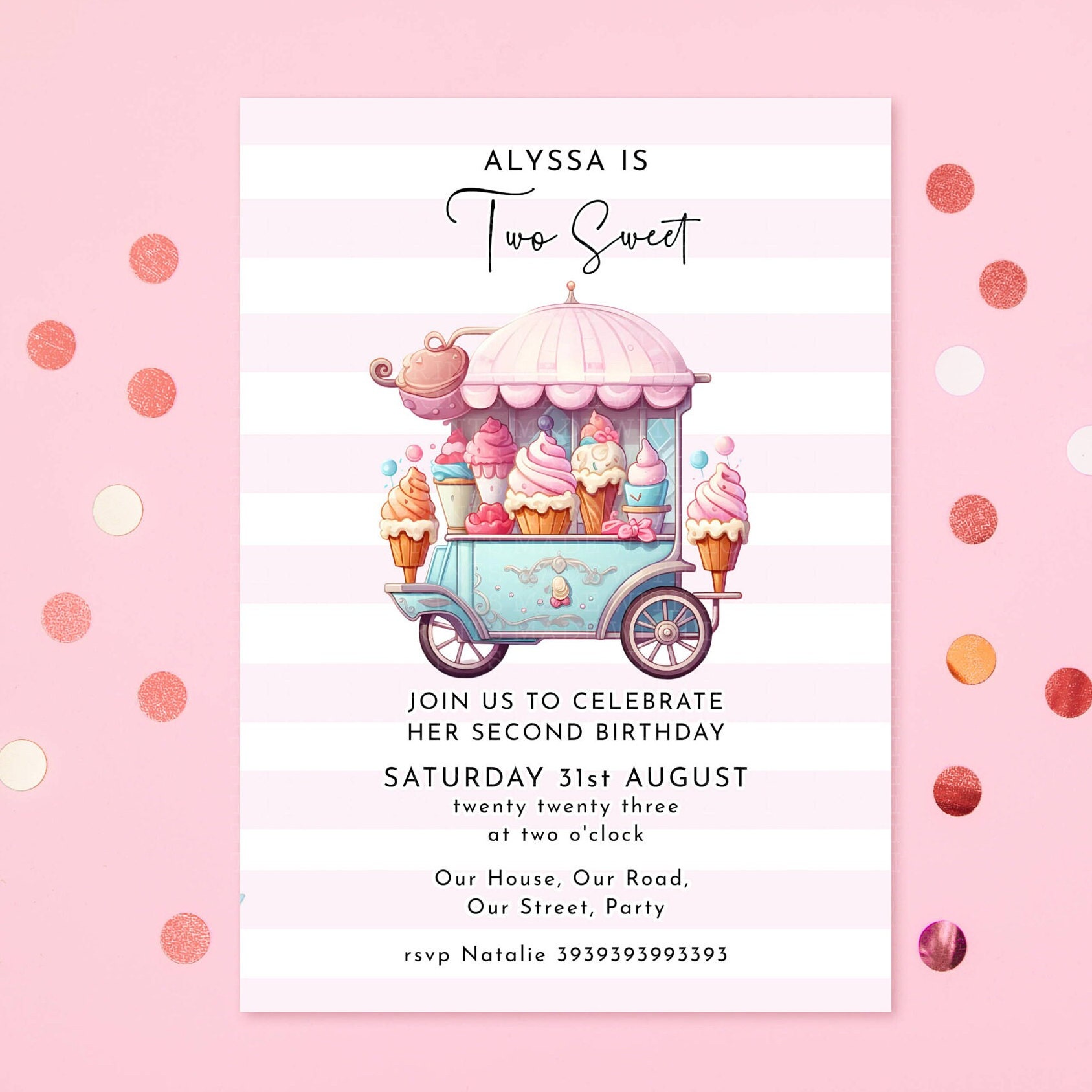 Editable Ice Cream Cart Birthday Party Invitation Invite Two Sweet 2nd
