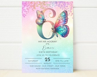 Editable Butterfly 6th Birthday Invitation, Rainbow Glitter (Digital E-Invite)