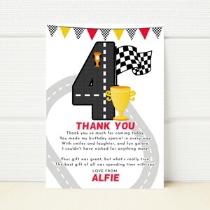 Bearbeitbar 4. Geburtstagsfeier Danke für kommende Rennauto-Hinweiskarte vierte druckbare digitale E-Einladung Trophy Jungen Mädchen Geburtstag vier
