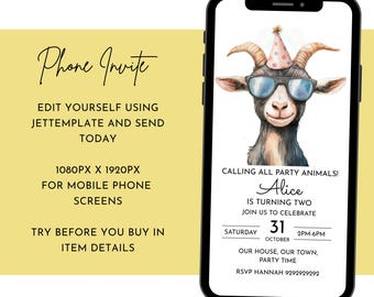 May include: A phone screen mockup with a birthday party invitation for a child named Alice turning two. The invitation features a cartoon goat wearing sunglasses and a party hat. The text reads "Calling all party animals! Alice is turning two. Join us to celebrate. Saturday, October 31, 2PM-6PM. Our house, our town, party time. RSVP Hannah 9292929292."