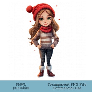 Inverno Menina Clipart Casual Jumper Jeans Botas Adolescente Sublimação Imagem Boneca Cartão Fazendo Crachá Fazendo Scrapbooking Bonito Natal cabelo castanho