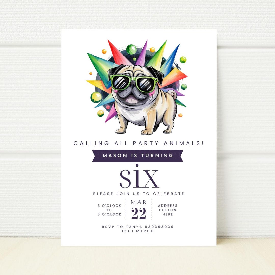 Pug Birthday Invitation, Rave Disco Rainbow Party (canva Editable ...