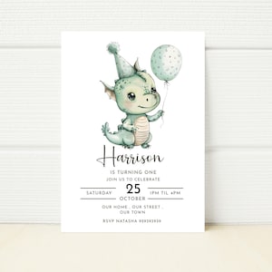 Editable Dragon Birthday Invitation Cute Kawaii Minimalist Simple Party Invite Digital Mobile Phone E Invitation Printable Template