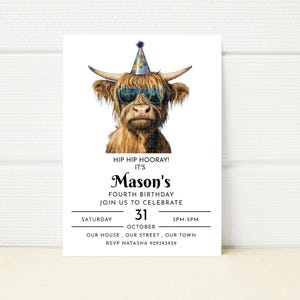 Highland Cow Boy Birthday Party Invitation Farm Party Digital Template Printable  Invite Cute Kawaii Minimalist Download Birthday