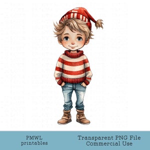 Ragazzo invernale Clipart Casual Maglione Jeans Stivali Teen Sublimazione Immagine Bambola Creazione di cartoline Creazione di badge Scrapbooking Bionda natalizia carina