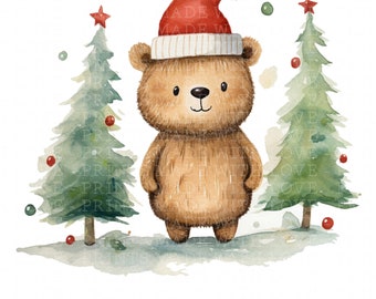 Kerstteddybeer clipart, aquarel feestelijk ontwerp (digitale png-download)