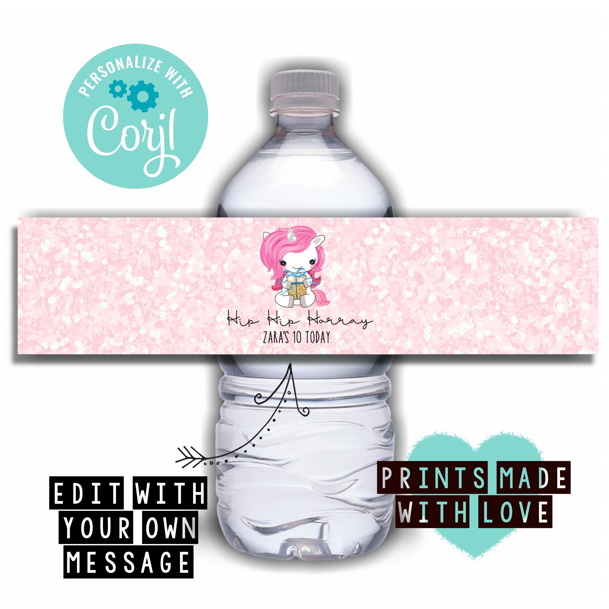 unicorn party bottle label template pink sparkle print etsy