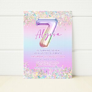 Bearbeitbare 7. Geburtstagsfeier-Einladung Druckbare Vorlage Digital einladen Regenbogen Glitter 7 heute Personalisierte einladen Regenbogen Sieben Siebenter