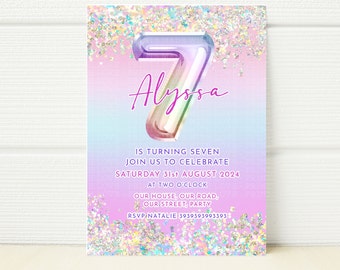 Rainbow Glitter 7th Birthday Invitation, Editable Template (Digital)